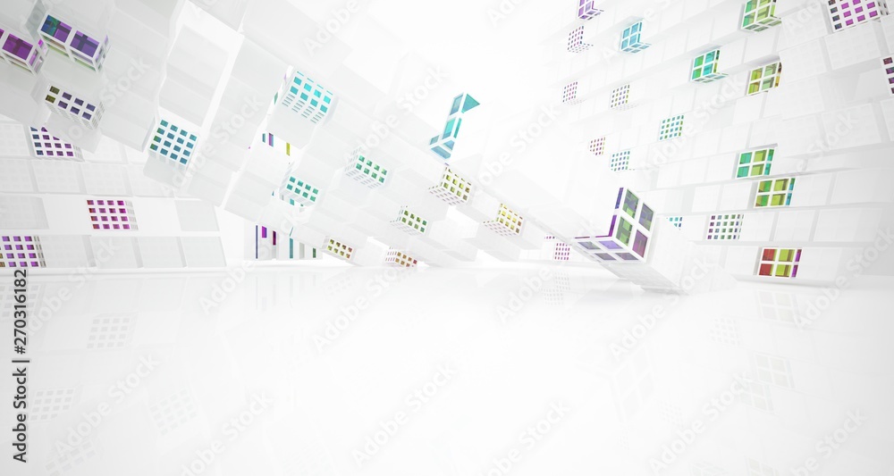 Fototapeta premium Abstract white and colored gradient glasses interior multilevel public space with window. 3D illustration and rendering.
