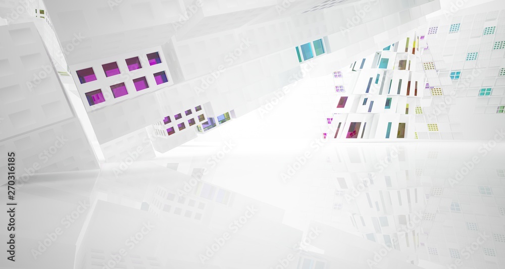 Fototapeta premium Abstract white and colored gradient glasses interior multilevel public space with window. 3D illustration and rendering.