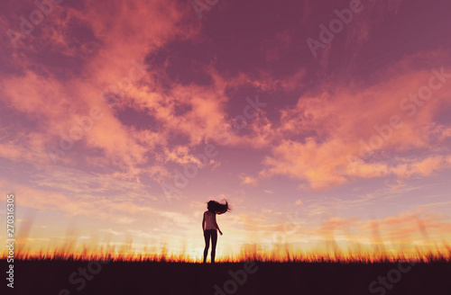 Woman walking alone at sunset,3d rendering