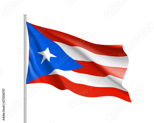 Waving flag of Puerto Rico in Caribbean sea. Illustration of Caribbean country flag on flagpole. Vector 3d icon isolated on white background