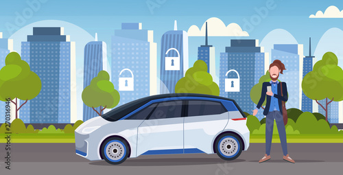 man using online ordering taxi car sharing security protection concept mobile transportation carsharing service modern city street cityscape background horizontal