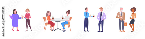 businesspeople discussing during meeting mix race men women having coffee break communication concept flat full length white background horizontal vector illustration