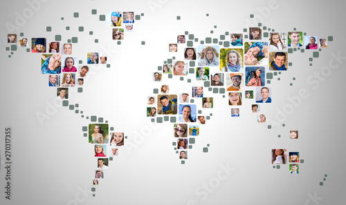 Collection of people portraits placed as world map shape. Global Business Concept #270317355