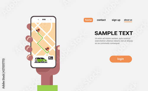 human hand using online ordering taxi car sharing mobile application concept transportation carsharing service carpooling app smartphone screen with gps map copy space horizontal