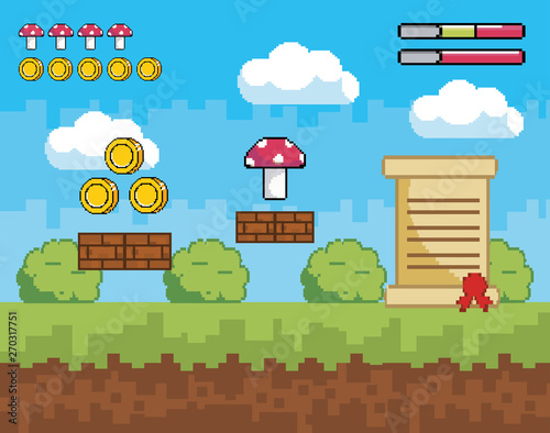 pixelated videogame scene with coins and fungus with letter