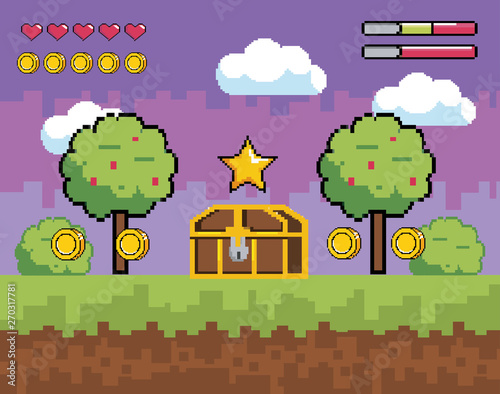 videogame scene with pixelated trees and coffer with coins