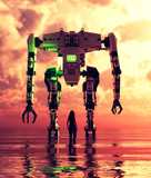 Girl standing in the sea looking to a giant robot in front of her,3d illustration
