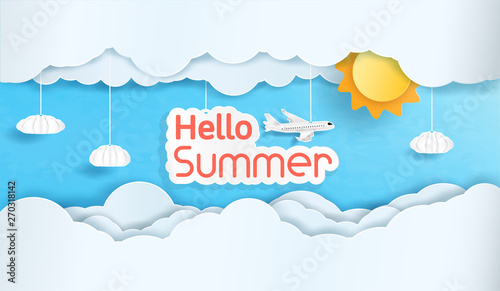 Vector Hello summer and the sky with many clouds. And decorative items to hanging adorn the beauty.To feel refreshed and vibrant summer's coming. And a work of origami, or paper cut.