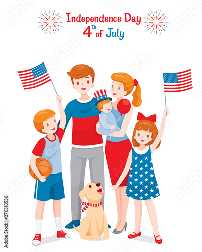 American Family Celebrating 4th Of July Independence Day, Holding Flags, Wearing Uncle Sam Hat