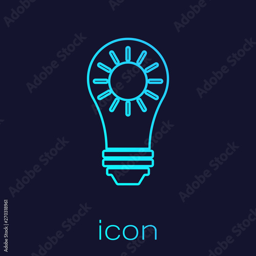 Turquoise Solar energy panel line icon isolated on blue background. Sun and light bulb. Vector Illustration