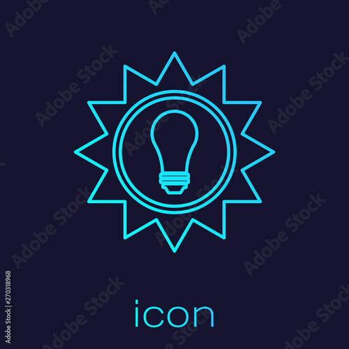 Turquoise Solar energy panel line icon isolated on blue background. Sun and light bulb. Vector Illustration