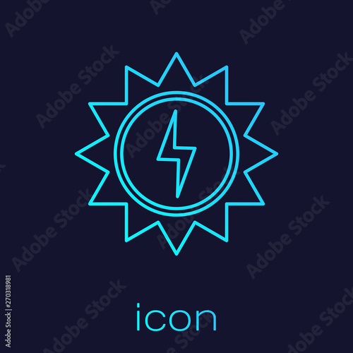 Turquoise Solar energy panel line icon isolated on blue background. Sun with lightning symbol. Vector Illustration