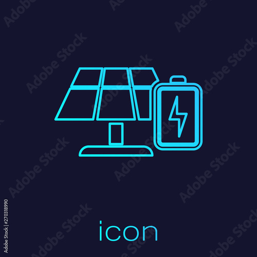 Turquoise Solar energy panel and battery line icon isolated on blue background. Vector Illustration