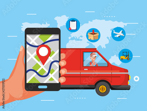 hand with smartphone map location and man in the van transportation