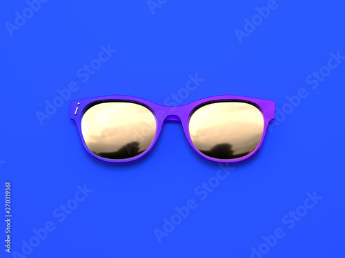 blue flat lay scene abstract purple gradient gold metallic object 3d rendering sunglasses