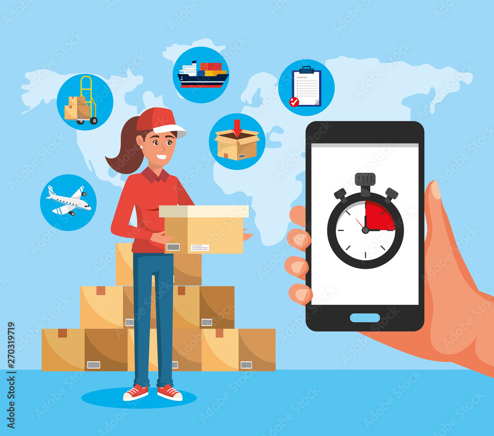 delivery woman with boxes service and smartphone with chronometer