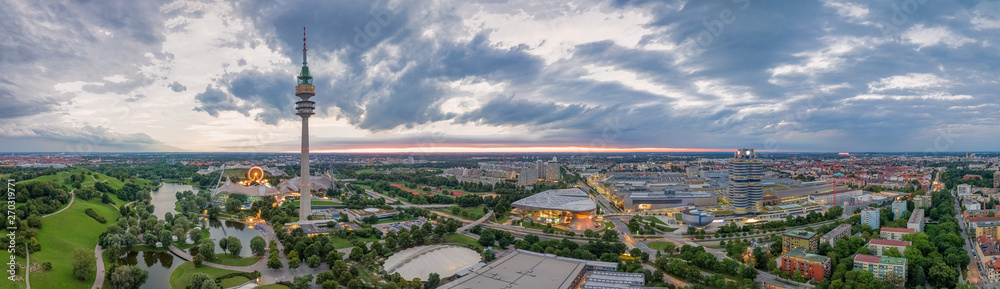 Drone aerial view of Olympiapark and Munich. Drone aerial view of Olympiapark and Munich.