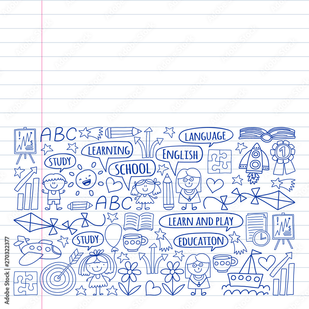 Vector set of earning English language, children's drawingicons icons in doodle style. Painted, black monochrome, pictures on a piece of paper on white background.
