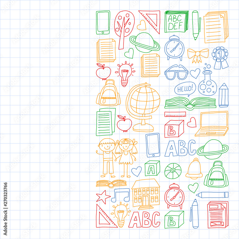 Vector set of secondary school icons in doodle style. Painted, colorful, pictures on a sheet of checkered paper on a white background.