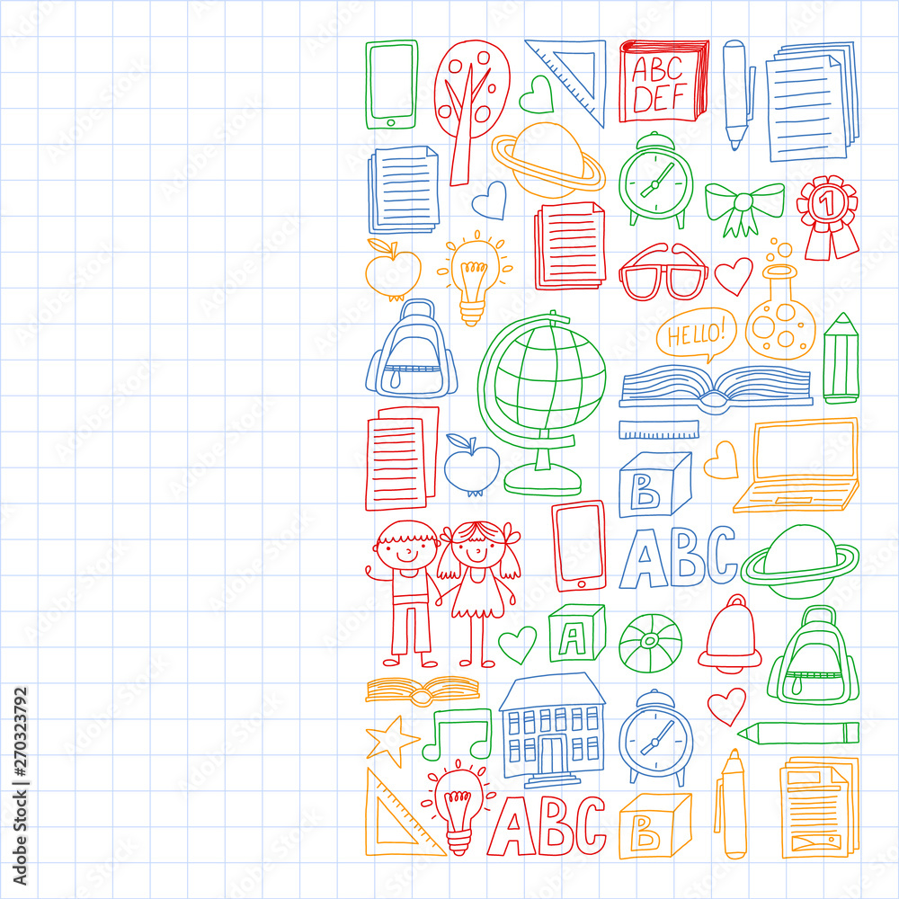 Vector set of secondary school icons in doodle style. Painted, colorful, pictures on a sheet of checkered paper on a white background.