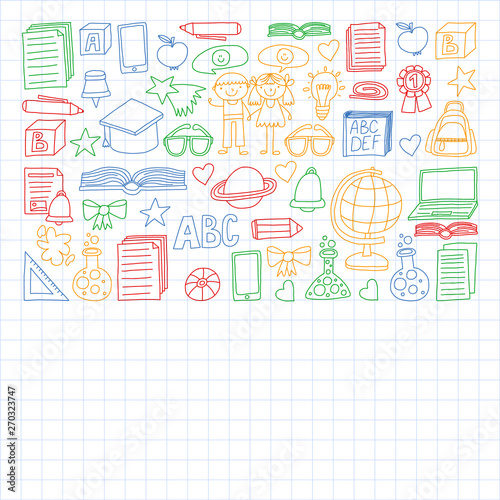 Vector set of secondary school icons in doodle style. Painted  colorful  pictures on a sheet of checkered paper on a white background.