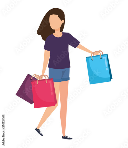 young woman lifting shopping bags character