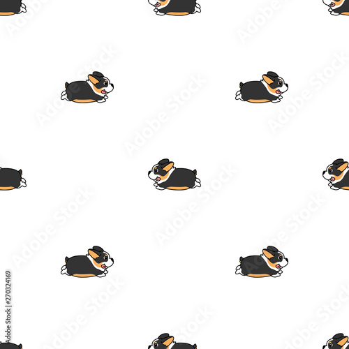 Cute tri color corgi dog running cartoon seamless pattern, vector illustration