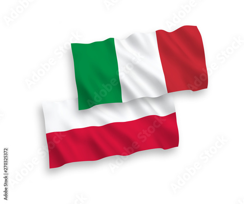 National vector fabric wave flags of Italy and Poland isolated on white background. 1 to 2 proportion.