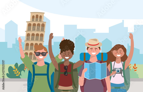 women and man friends with backpack and global map
