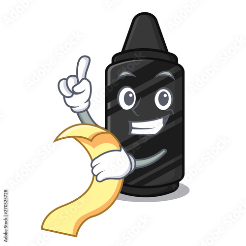 With menu black crayon above mascot wood table