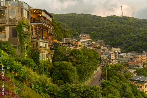 Panoramic view of Hillside Jiufen old village with blue sky in New Taipei City, Taiwan