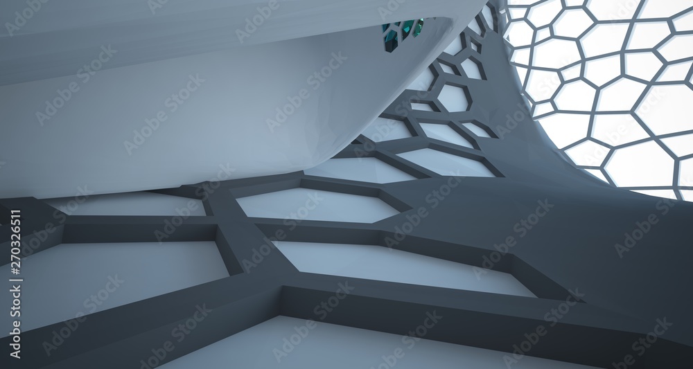 Fototapeta premium Abstract white, black and colored gradient glasses interior multilevel public space with window. 3D illustration and rendering.