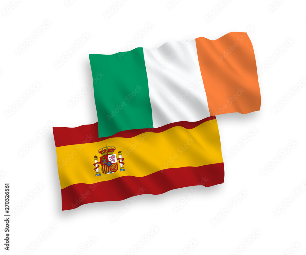 National vector fabric wave flags of Ireland and Spain isolated on white background. 1 to 2 proportion. National vector fabric wave flags of Ireland and Spain isolated on white background. 1 to 2 proportion.