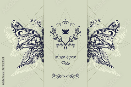 Template flyer with decorative butterfly for invitation and congratulation or for presentation some things. Symbol transformation and metamorphoses. Vector  illustration