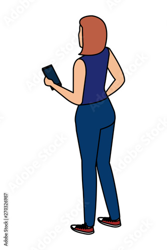 cute young woman using smartphone character