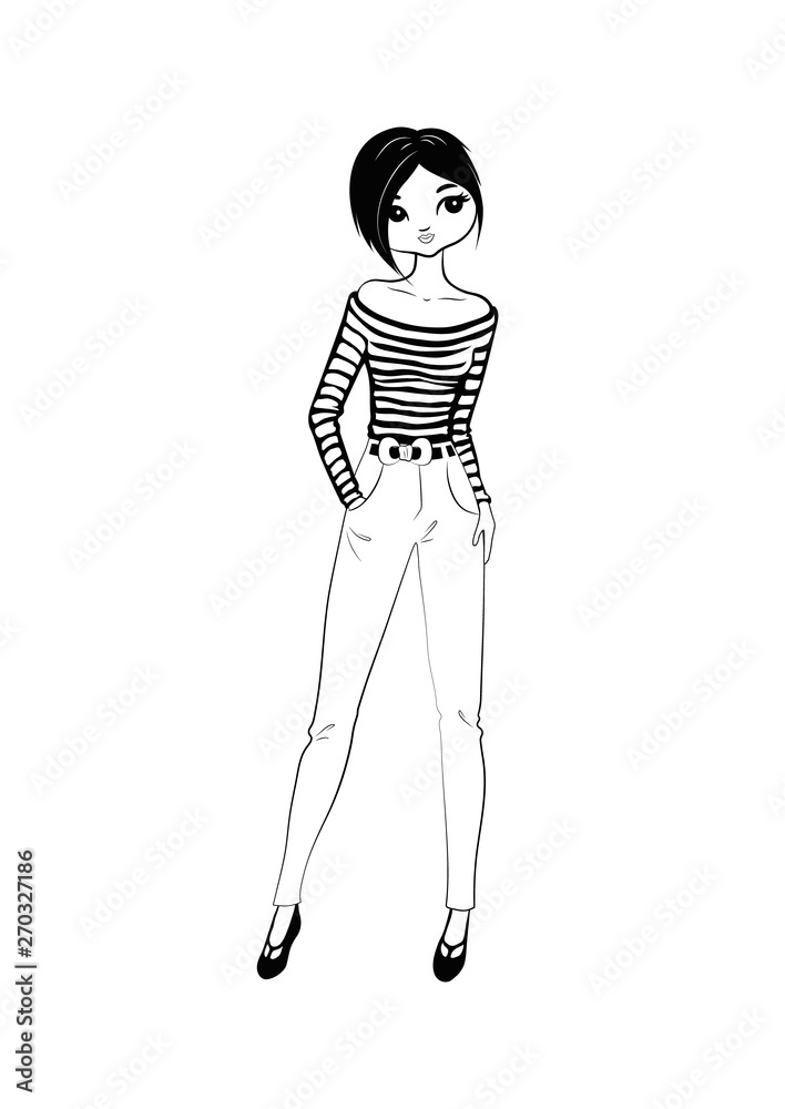 Hand drawn beautiful Girl in jeans. Fashion cute girl. Coloring page. Vector illustration Hand drawn beautiful Girl in jeans. Fashion cute girl. Coloring page. Vector illustration