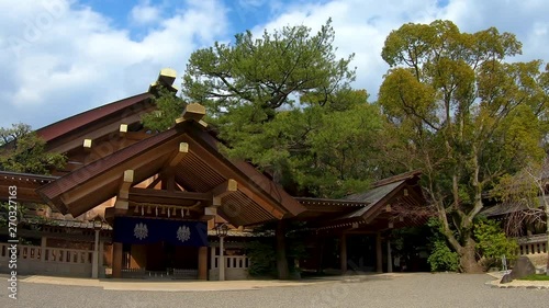 Timelapse. Kagura-den Hall at Atsuta-Jingu Shrine in Nagoya, Aichi, Japan. Circa March 2019 photo