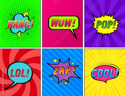 Set of bright speech bubbles on different halftone  backgrounds. Wow! Bang!  Pop! Cool. Lol! Zap!  Vector illustration in pop art style