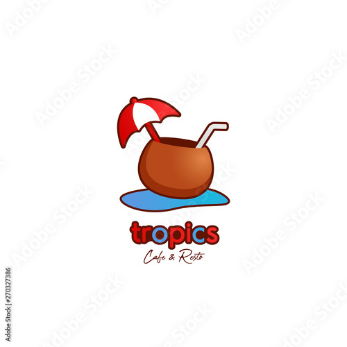 Tropical cafe and resto logo with brown coconut drink illustration icon photo