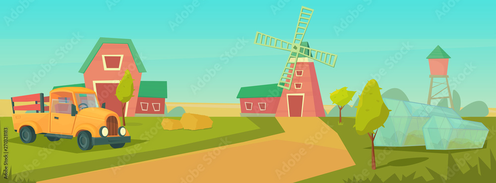 Agriculture. Farm rural landscape with orange truck, red barn, house and ranch, water tower and haystack. Agriculture. Farm rural landscape with orange truck, red barn, house and ranch, water tower and haystack.