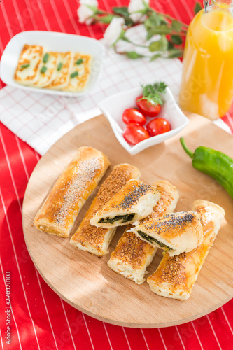 Turkish traditional food "borek" fast breakfast and turkish tea