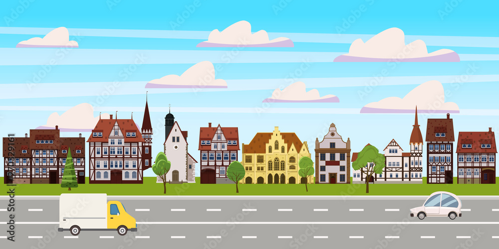 Cityscape, panorama horizontal view, old buildings architecture, road highway cars