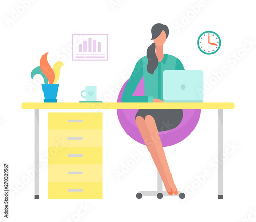 Office worker at working place vector, woman typing information on laptop. Secretary of boss, freelancer with tea cup on desk, time on clock interior