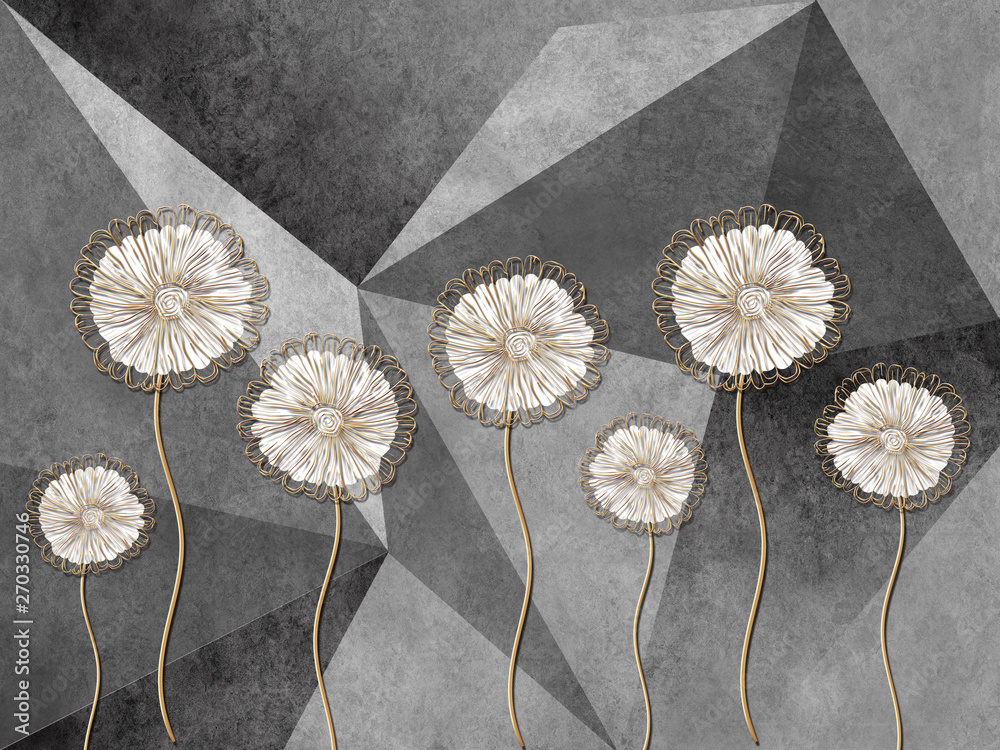 3d illustration, gray background consisting of triangles, large fabulous dandelions