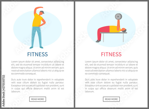 Sporty people pumping muscles and stretching. Fitness webpage decorated by men working with dumbbell and doing exercise, portrait view of human vector