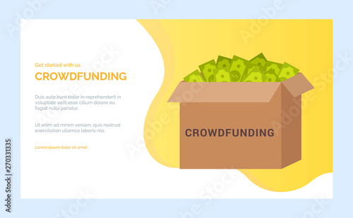 Crowdfunding homepage with dollars in box, currency or cash in case flat design style, bank or investment project online, keeping money app vector. Website or webpage template, landing page flat style