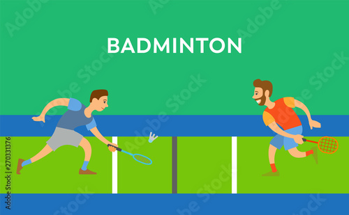 Badminton poster decorated by competition between men, males character running with racket and toss shuttlecock, people in sportswear, activity vector