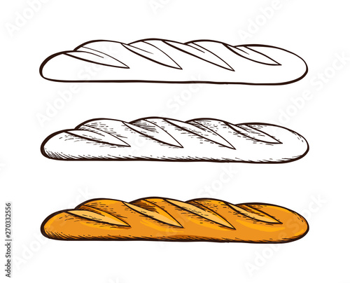 Set of hand drawn vector. White bread. Baguette. Color vintage engraving illustration for poster, label and menu bakery shop. photo