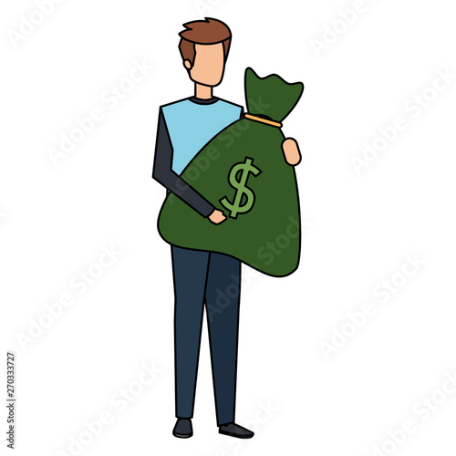 young man lifting money bag