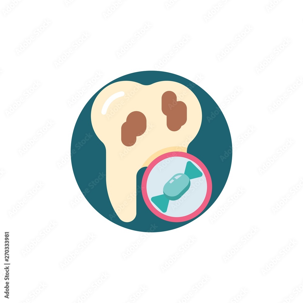 Obraz premium Unhealthy tooth flat icon. Round colorful button, Bad tooth and candy sweets circular vector sign. Teeth caries flat style design
